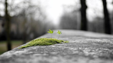 Two small green plants grow out of a patch of moss on a concrete wall with a blurred background.