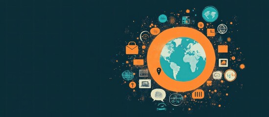 Wall Mural - abstract illustration of the earth surrounded by icons representing technology and communication on 