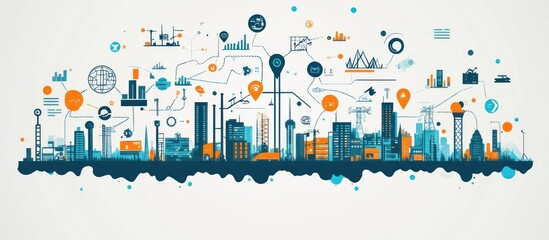 Wall Mural - abstract illustration of a city skyline with connecting lines and data points, representing innovati