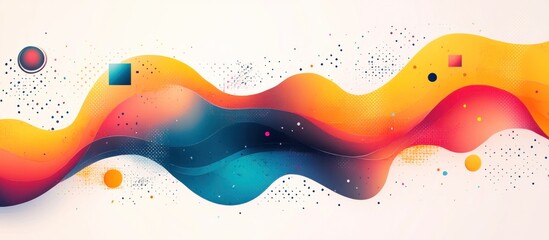Wall Mural - abstract colorful wavy shapes with scattered dots, circles and squares on a white background.