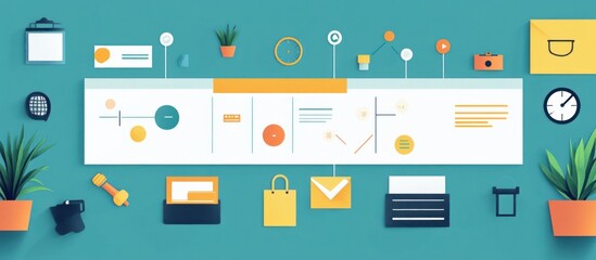 Wall Mural - a flat design illustration of a timeline with icons and graphics for different stages of a project.