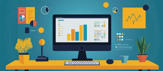 Wall Mural - a modern desktop computer with a bar graph on screen and surrounded by colorful icons and charts.