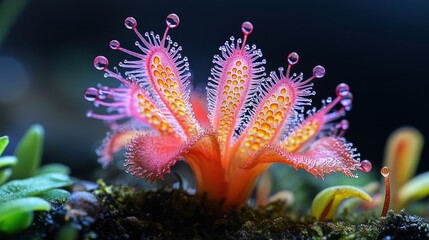 Close-up of a vibrant red and green sundew plant with glistening droplets of dew on its leaves.