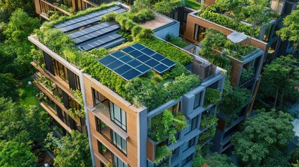 Innovative green architecture a sustainable urban oasis with solar energy and lush greenery