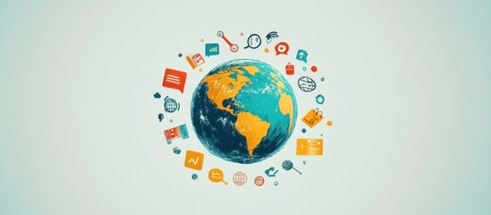 Wall Mural - a hand-drawn illustration of the earth with colorful icons surrounding it, symbolizing global connec