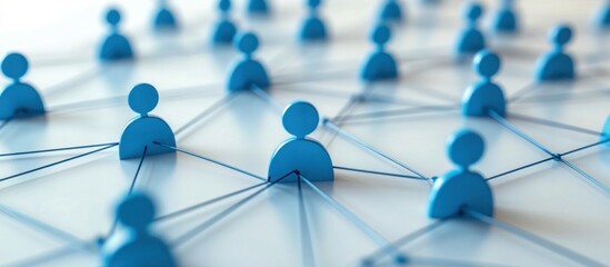 Wall Mural - blue figures connected by strings forming a network on a white background.