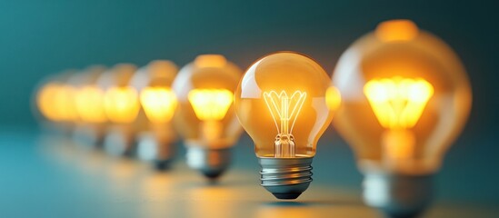 Sticker - row of glowing light bulbs on a blue background, with the focus on the one in the front.