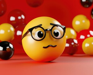 A whimsical yellow ball character with glasses, expressing curiosity among colorful spheres on a vibrant red background.