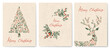 © VectorART - Merry Christmas. Set of backgrounds with Christmas tree and deer with berries and leaves pattern for design of cards, poster, print, wallpaper, social media, greeting template.