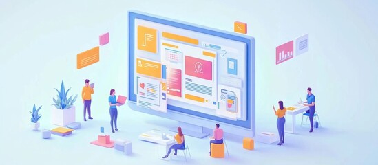 Wall Mural - a team of people working on a website design, collaborating around a large computer monitor.