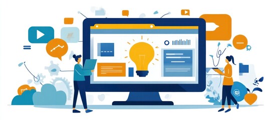 Wall Mural - two people standing next to a computer screen with a lightbulb in the center of the screen.
