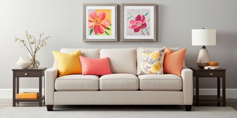 A cozy living room setup featuring a light sofa adorned with colorful cushions, two floral artworks on a gray wall, and stylish side tables.