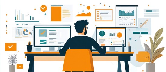Wall Mural - a man working at his computer, surrounded by various charts, graphs, and data.