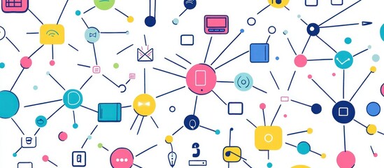 Wall Mural - abstract network of connected colorful icons representing technology, communication, and social medi