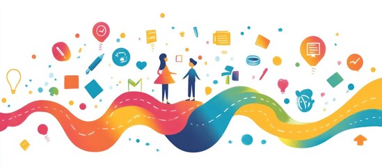 Wall Mural - two people stand on a colorful, wavy path surrounded by abstract shapes and icons, representing coll