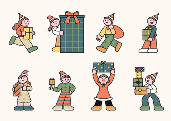 Wall Mural - cute christmas characters. they are holding gift boxes. outline simple vector illustration.
