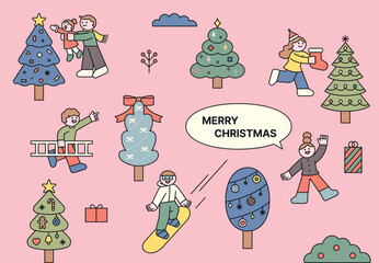 Wall Mural - people are decorating a christmas tree. christmas card. outline simple vector illustration.