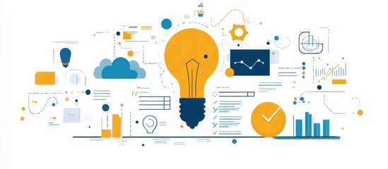 Wall Mural - a lightbulb with a blue base and a yellow glow is at the center of the image. surrounding it are ico
