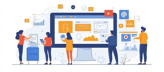 Wall Mural - a team of people working together to analyze data on a large computer screen.