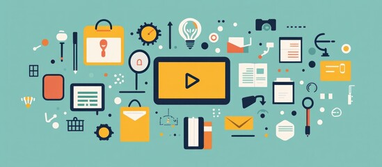 Wall Mural - a colorful illustration of various icons related to technology, business, and media, including a pla