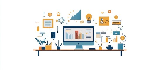 Wall Mural - a desk with a computer and various office supplies, such as a coffee cup, plants
