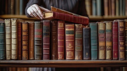 a hand reaching for two old books on a bookshelf