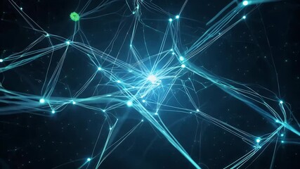 A dynamic visual display abstract biological neural networks motion design depicting cells bright moving pulses set contrasting black background enhanced impact technology network connection