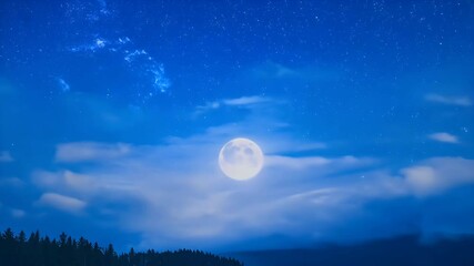 Wall Mural - A stunning timelapse full moon night starry blue sky moving clouds elegantly drifting creating beautiful Christmas backdrop featuring gorgeous cloudscape 4K quality cloud star moonlight