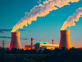 Two large power plants are emitting smoke into the sky. The smoke is orange and yellow, and the sky is blue. The power plants are located in a rural area, and the smoke is rising into the air