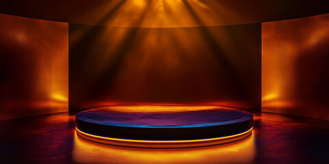Poster - Empty round podium illuminated by orange spotlights in a dark room