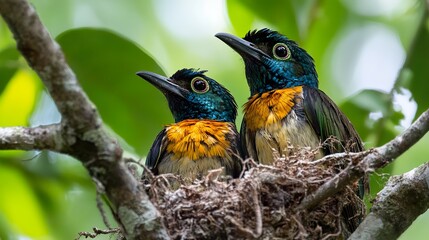 Two Colorful Birds Perched on a Branch in a Lush Tropical Forest