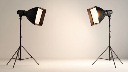 White background photo studio setup featuring two softbox lights tripods