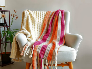 Wall Mural - A white chair with a striped blanket draped over it. The blanket is made of yarn and has a pink and orange design