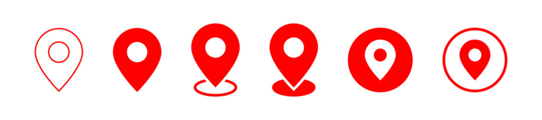 Fototapete - Red location map pointer icon button, place pin marker sign - red gps map pointers in flat style, destination symbols. location pin line icon, Navigation sign