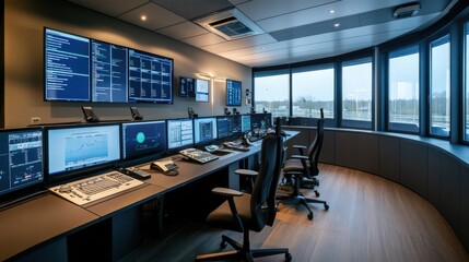 Wall Mural - A room with a lot of computer monitors and a few chairs