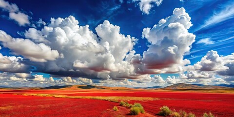 Vibrant red landscape with blue sky and fluffy white clouds