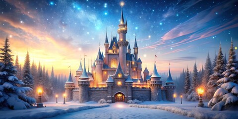 Magical glowing castle illuminating a winter wonderland scene, magical, glowing, castle, winter, wonderland, scene