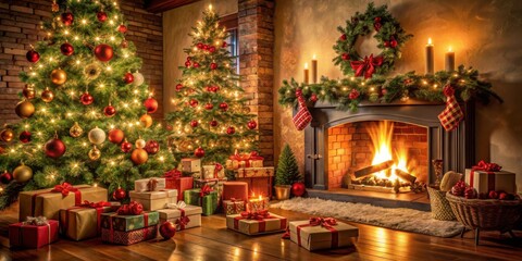 Cozy Christmas salon with gifts under the tree and fireplace, festive and magical atmosphere , Christmas, salon, decorations