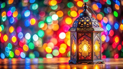 Wall Mural - Colorful Arabic lantern shining in festive holiday ambiance with vibrant bokeh background, Arabic, lantern, colorful