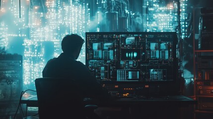 A man is sitting in front of a computer monitor with a blue screen