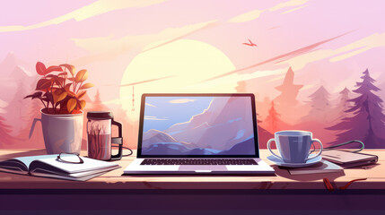 generated illustration of modern workspace concept: laptop computer with blank display screen.