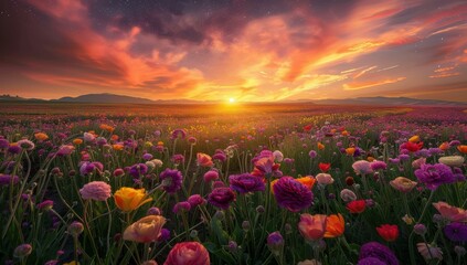 Wall Mural - A field of colorful flowers bathed in the golden light of a setting sun. AI.