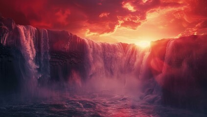 Wall Mural - a waterfall cascades down a cliff, with the sun setting in the background. ai.