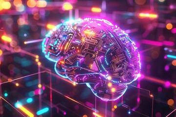 Wall Mural - a digital brain representation illuminated with bright lights. ai.