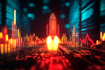 Financial growth concept with rocket launch and data visualization. Rocket blasting off amidst rising financial data charts.