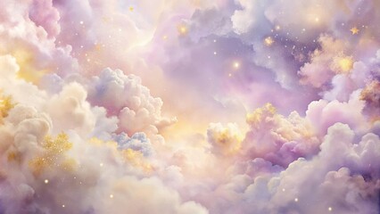 Wall Mural - a celestial canvas of ethereal clouds, adorned with a twinkling tapestry of golden stars, bathed in 