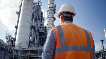 A man in a safety vest stands in front of a large industrial plant