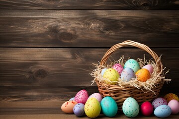 Basket with eggs on a wooden background for Easter