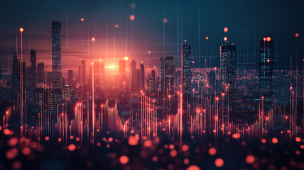 Wall Mural - business background featuring cityscape and graphical representation of economic growth