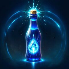 A glass bottle filled with a bright blue liquid and a glowing blue crystal, radiating energy and sparkles. Its a magical potion with a cork that has been popped, releasing electricity.